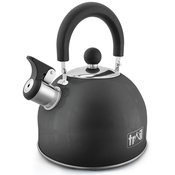 Trail 2L Whistling Camping Kettle, Polished Stainless Steel, Durable & Lightweight, Easy Pour Spout, Folding Heat Resistant Handle, Fast Boil Travel Kettle, Outdoor Fishing Hiking, 15cm x 18cm, 0.42kg
