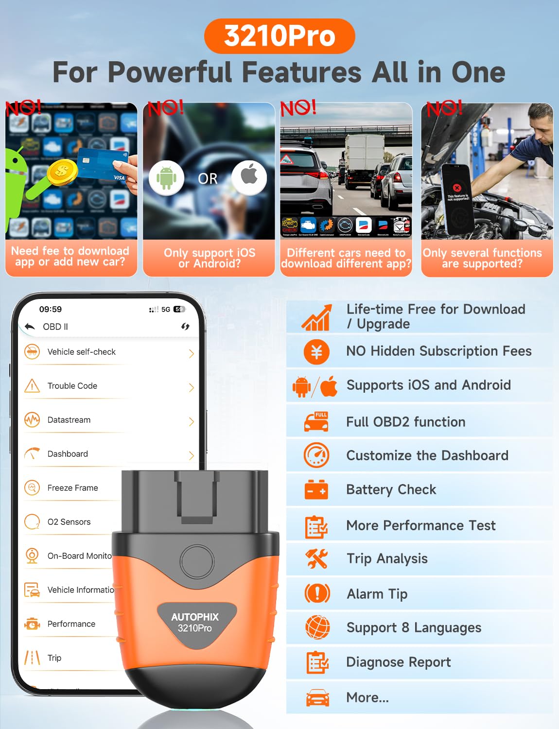 AUTOPHIX Bluetooth OBD2 Scanner, 3210 PRO Car Scan Tool Check Engine ABS SRS Transmission Wireless Code Reader Auto Car Diagnostic Scanner with Battery Test Exclusive APP for iPhone, iPad & Android