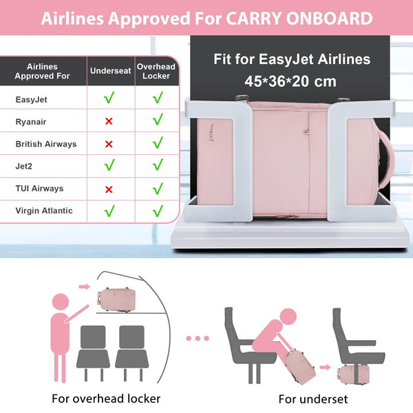 Taygeer Easyjet Cabin Bag 45x36x20 Underseat, Travel Backpack Women, Carry On Backpacks for Airplane, Luggage Rucksack for Plane, Hand Luggage Bag, Laptop Rucksack with Separate Shoe Pouch, Pink