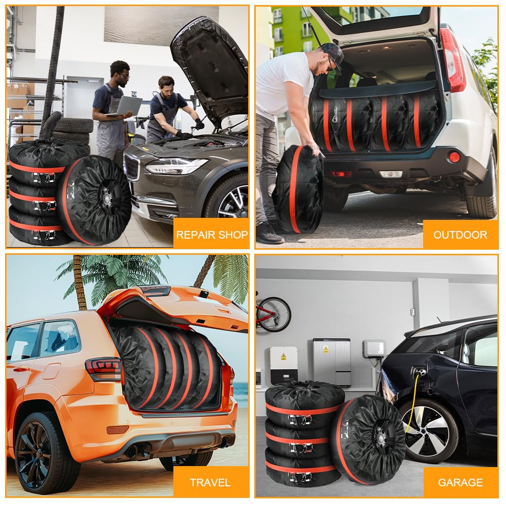 Car Spare Tire Covers 4 Pack, 13-18 IN Tyre Bag Set, Diameter 66cm Wheel Protection Cover, Tyre Bags with Handle, Waterproof Dustproof Auto Spare Tires Storage Bags for Car UV SUV Truck Black S