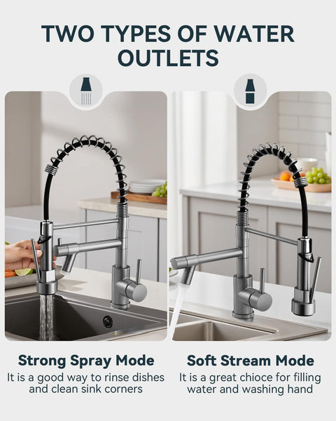 Warmiehomy 5 Modes Kitchen Taps Mixer with Pull Out Spray,High Arc 360° Swivel Dual Spout Pull Down Stainless Steel Kitchen Sink Taps,Brushed Nickel