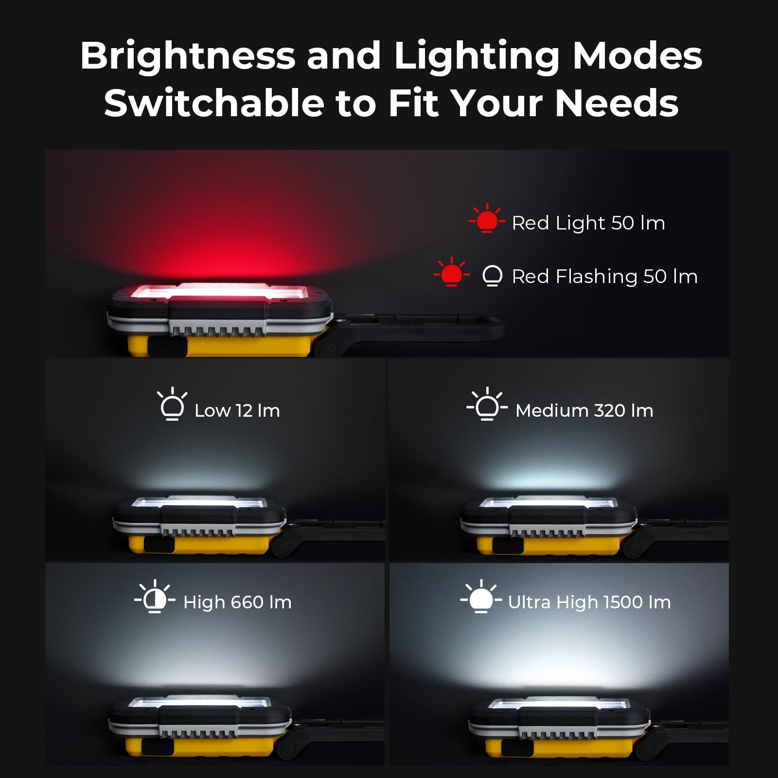 BougeRV WL01 PRO Work Light Rechargeable, 1500 Lumens Magnetic Inspection Light, Portable Lamp with 180° Rotating Stand & Hook, Multiple Lighting Modes for Car Repair, Camping, Outdoor, Emergency