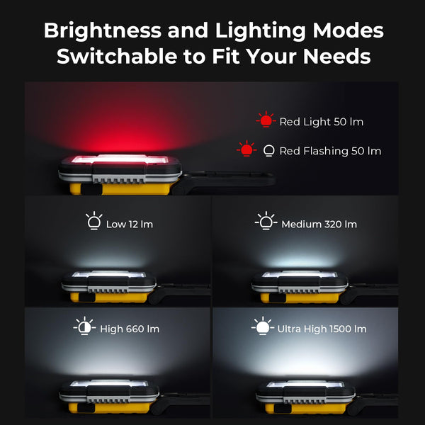 BougeRV WL01 PRO Work Light Rechargeable, 1500 Lumens Magnetic Inspection Light, Portable Lamp with 180° Rotating Stand & Hook, Multiple Lighting Modes for Car Repair, Camping, Outdoor, Emergency