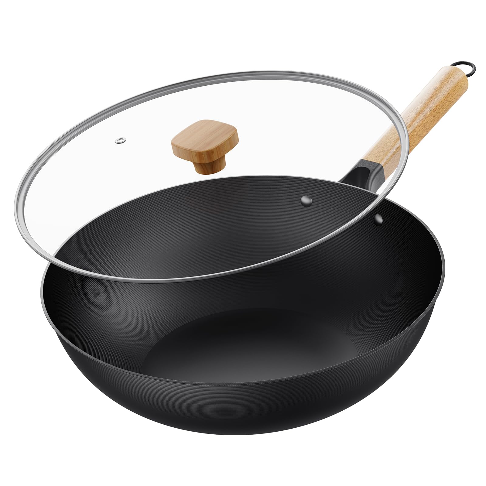 Jobin Wok with Lid Non Stick  30cm Carbon Steel Wok for Everyday Cooking  Frying Pan Ideal for 3-5 People for Induction, Gas, All Hobs