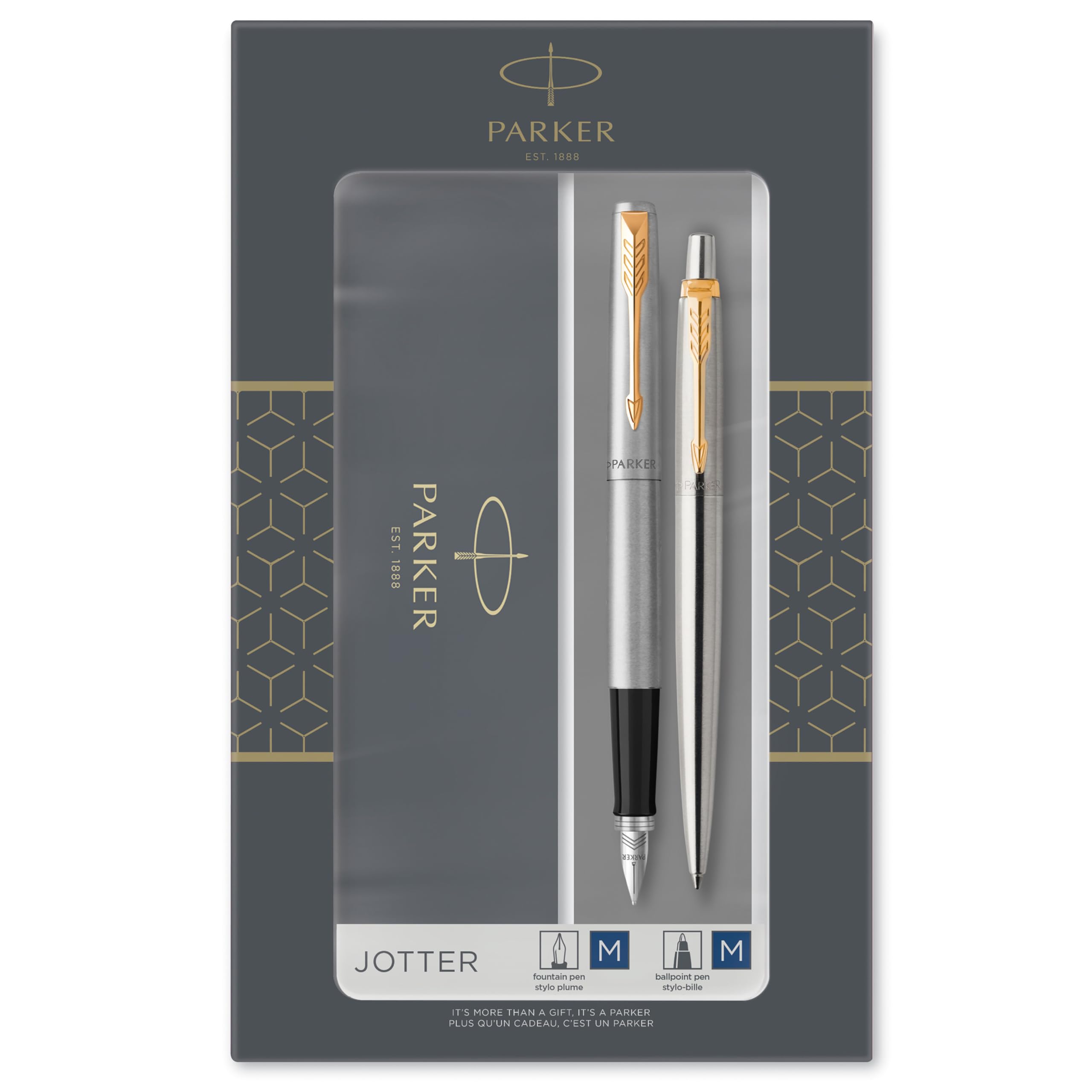 Parker Jotter Ballpoint Pen | Stainless Steel with Chrome Trim | Medium Point | Handwriting Pens & Stationery Supplies | Blue Ink | Gift Box