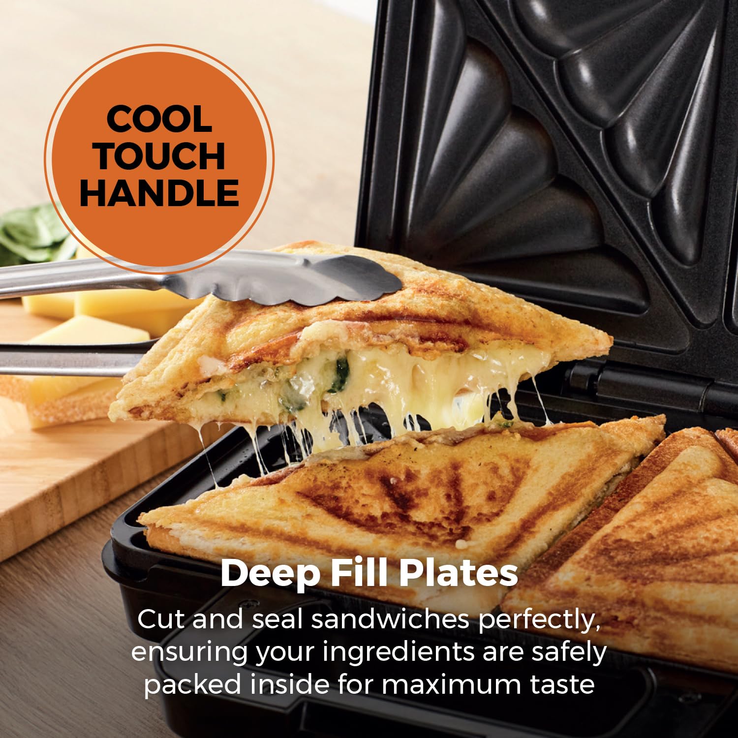 Tower T27032 3-in-1 Deep Filled Snack Maker with Non-Stick Coated Plate and Automatic Temperature Control, 900W, Stainless Steel