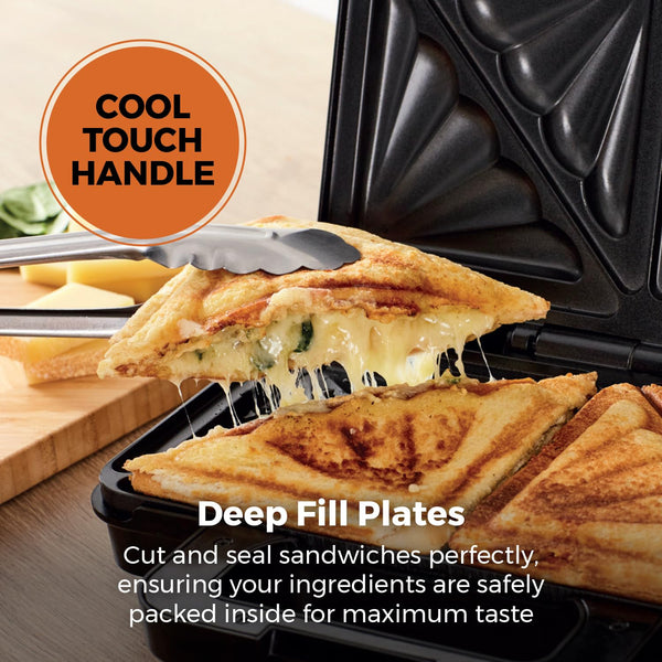 Tower T27032 3-in-1 Deep Filled Snack Maker with Non-Stick Coated Plate and Automatic Temperature Control, 900W, Stainless Steel