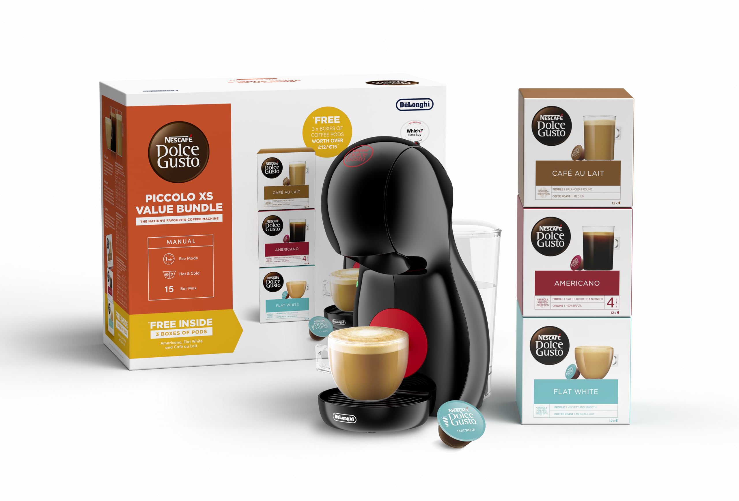 NESCAFɮ Dolce Gusto Piccolo XS Manual Coffee Machine Black by DeLonghi - Value Bundle