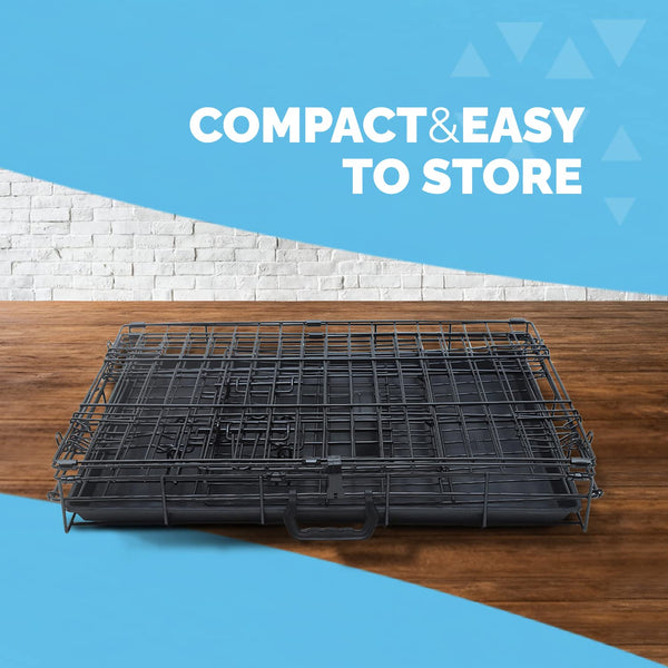 Furdreams 42-Inch Dog Cage Crate – Heavy Duty Black Metal Folding Crate with 2 Doors (Front & Side), Chew-Resistant Plastic Base Tray, and Carrier Handle – Ideal for Puppy Training (107 x 68.5 x 77cm)