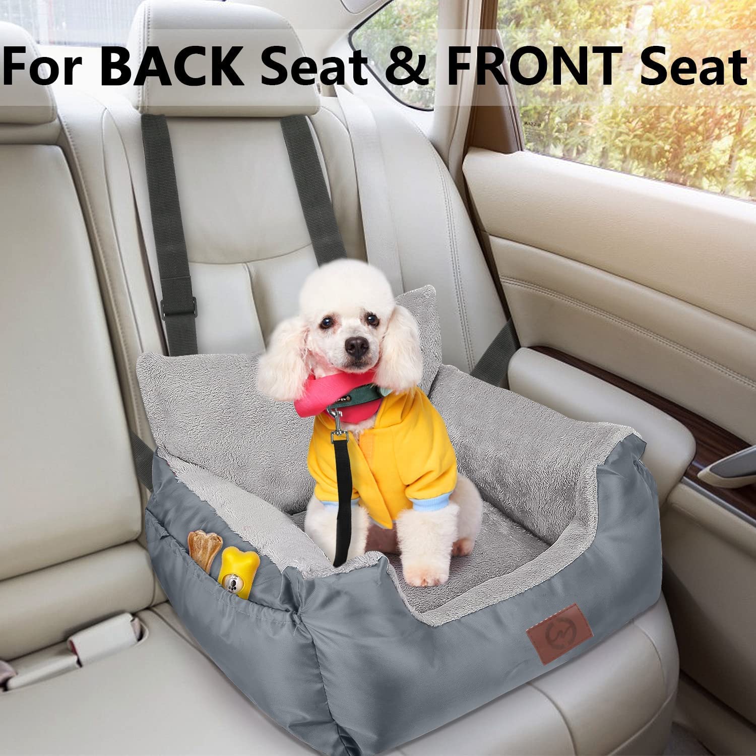 GoFirst Dog Car Seat for Small Dogs or Cats, Pet Booster Seat Travel Car Bed with Storage Pocket and Clip-On Safety Leash, Waterproof Warm Plush Dog Car Safety Seats,Black
