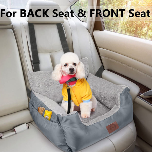 GoFirst Dog Car Seat for Small Dogs or Cats, Pet Booster Seat Travel Car Bed with Storage Pocket and Clip-On Safety Leash, Waterproof Warm Plush Dog Car Safety Seats,Black