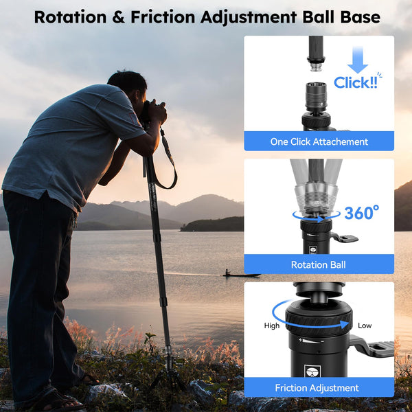 SIRUI SVM-145 Camera Monopod with Feet for Photography, 145cm Carbon Fibre Camera Monopod with Removable Tripod Stand Base, for DSLR, Camcorder, Max Load 10kg