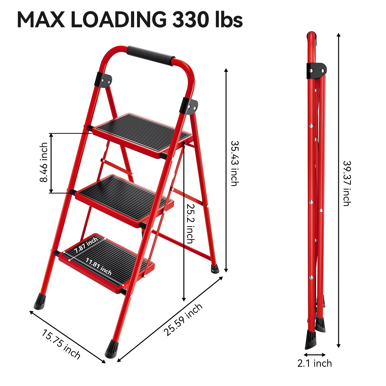 KINGRACK 2 Step Ladder with Handrail, Non-Slip Household Ladder with Folding Safety, Aluminium Folding Step Stool, Maximum Load 150 kg, Black