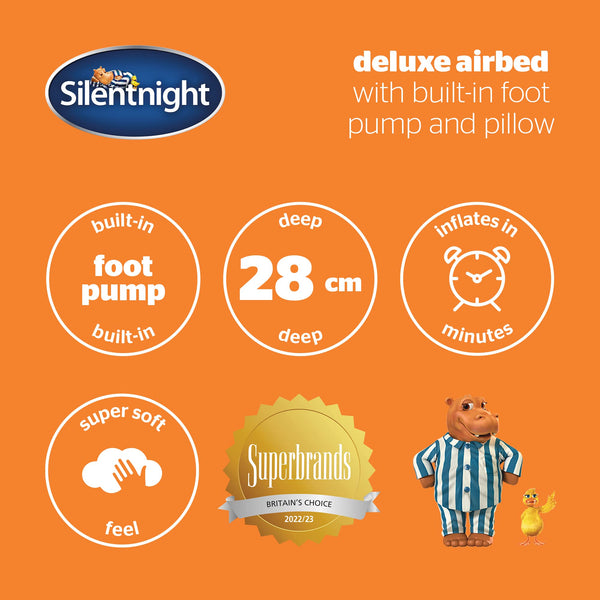 Silentnight Double Air Bed with Buil-In Foot Pump – Inflatable Flocked Blow Up Deep Premium Camping Mattress for Indoor and Outdoor Use with Beam Construction and Built In Pillow – 191x137x28cm, Blue