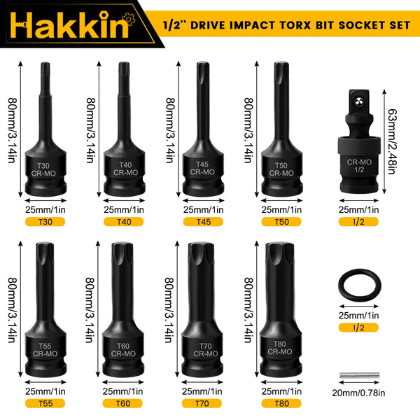 Hakkin 1/2" Impact Torx Bit Socket Set Heavy Duty Impact Star Bit Socket Set with Universal Joint T30 T40 T45 T50 T55 T60 T70 T80