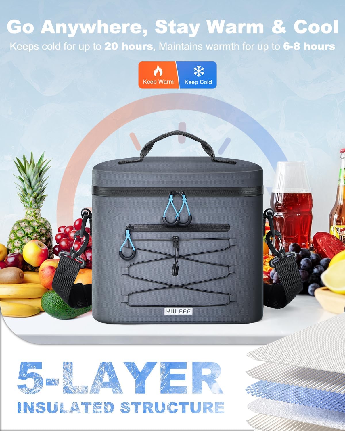 YULEEE 7/15/20L Insulated Cooler Bag - Large Multi-Functional Picnic Lunch Bag for Men & Women,Waterproof Leakproof Perfect for Beach, Family,Travel, Camping, Work,BBQ,and Outdoor Activities