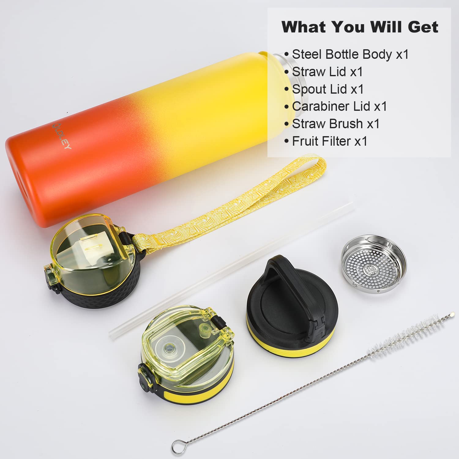 OLDLEY Stainless Steel Water Bottle with Straw 1L Vaccum Insulated Large Drink Flask Metal Water Bottles 1 Litre Leakproof Keep Drinks Hot Cold for Sports Gym with Different Lids(Purple Green, 3 Lids)