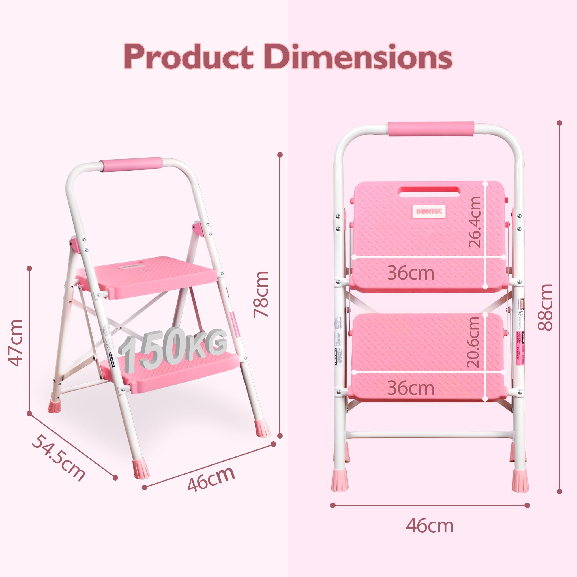 BONTEC 4 Step Ladder Folding, Heavy Duty Foldable Step Stool with Wide Anti-Slip Pedals, Sponge Handrail and Tool Tray, Portable Household Ladder 150kg Capacity, Compact Collapsible Indoor Ladder