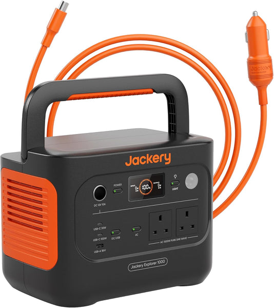 Jackery Explorer 1000V2 Portable Power Station With DC8020 Car Charger Cable, 2024 New, 1070Wh LiFePO4 Battery, 1500W AC & 100W USB-C Output, 1-Hour Fast Charge