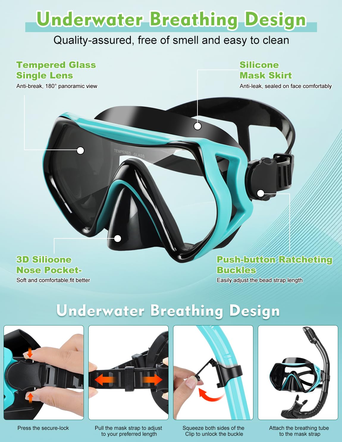 Hydomi Snorkel Set Adults 180° Panoramic Anti-Fog Snorkel Mask with Dry Top Valve, Leak-Proof Tempered Glass Diving Set for Swimming Snorkeling, Travel-Friendly Kit with Adjustable Straps