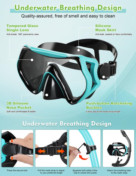 Hydomi Snorkel Set Adults 180° Panoramic Anti-Fog Snorkel Mask with Dry Top Valve, Leak-Proof Tempered Glass Diving Set for Swimming Snorkeling, Travel-Friendly Kit with Adjustable Straps