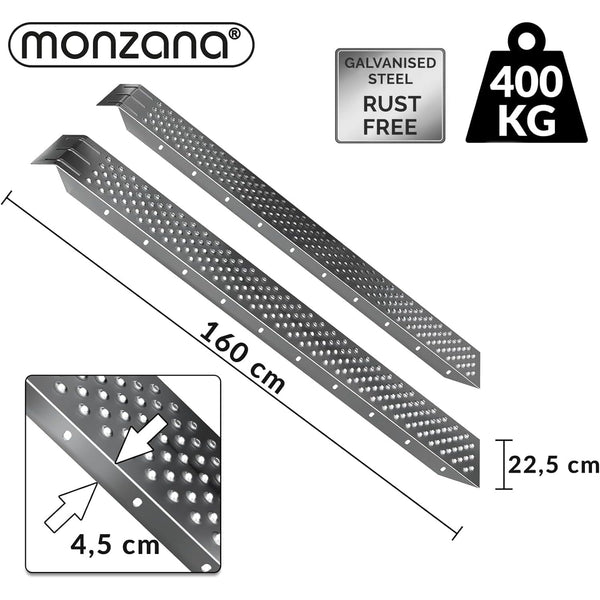 MONZANA® 2x Heavy Duty Loading Ramps 160x22.5x4.5cm | Galvanised Steel Non Slip Perforated Surface | 400kg Load Capacity | Motorbike Access Ramp ATV Quad Motorcycle Lawnmower Scooter Machinery