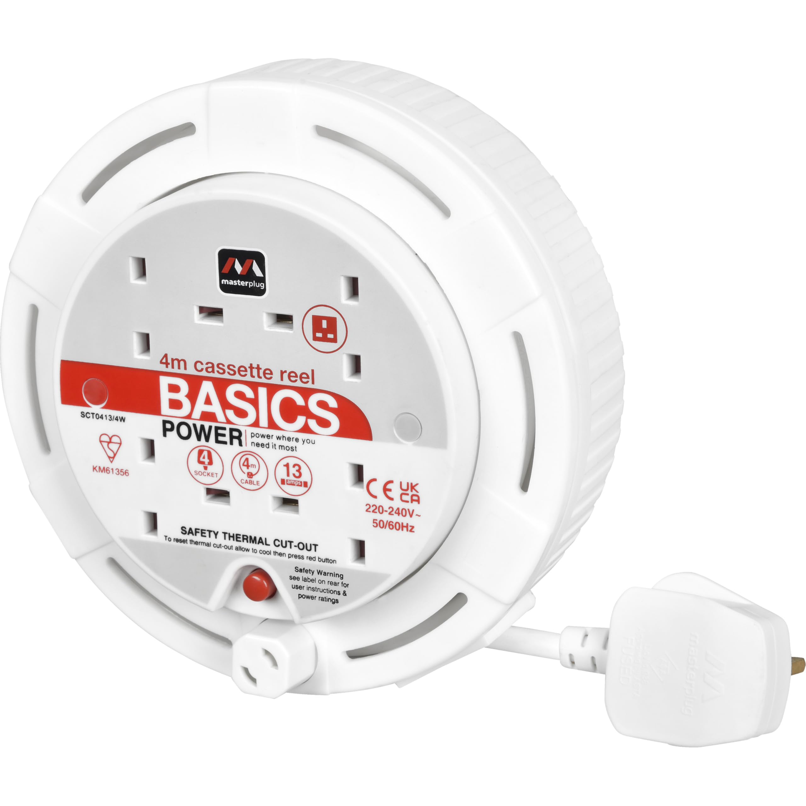 Masterplug Four Socket Cassette Reel Extension Lead, 4 Metres, White