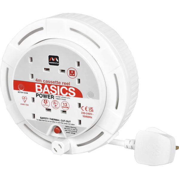 Masterplug Four Socket Cassette Reel Extension Lead, 4 Metres, White