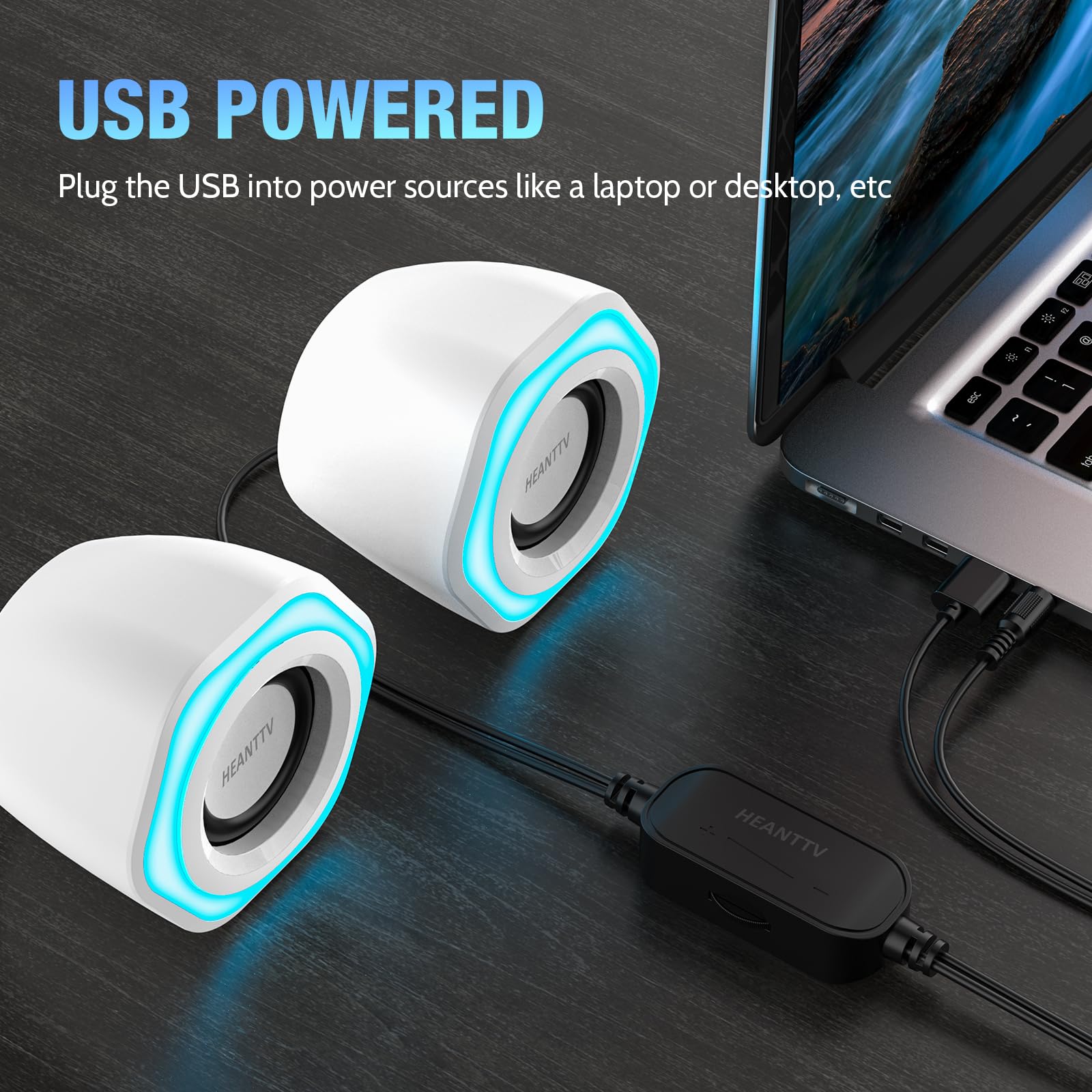 HEANTTV Computer Speaker, PC Speakers for Desktop Monitors, 2.0 Stereo Volume Control with LED Light, USB Powered & 3.5 mm jack, Perfect Multimedia Speakers for Monitors, Computer, Laptop,Smartphones