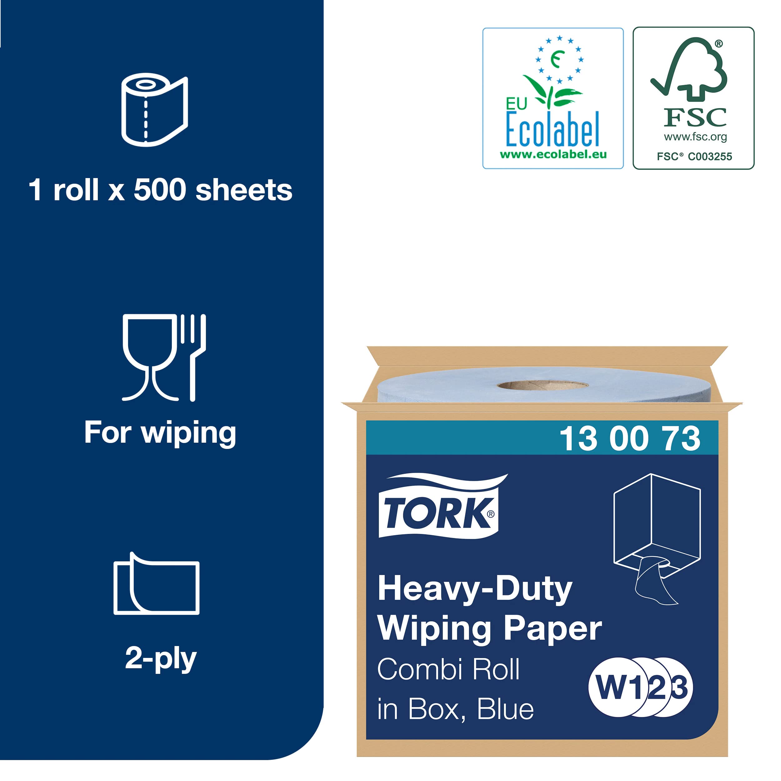 Tork 130070 Heavy-Duty Wiping Paper / 2 Ply Absorbent Paper Roll Suitable for Tork W1 Wipers Wall/Floor/Standard System / Blue / 1 x 340m / Ø 37.5cm