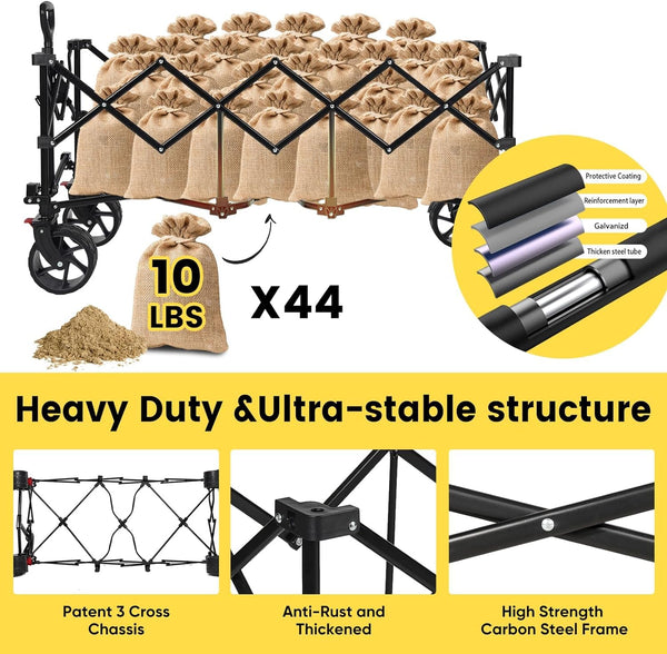 Sekey 200L Folding Festival Trolley with All-Terrain Extra Wide Wheels and Brake, Heavy-Duty Cart Loadable up to 150KG, Patented Four-Directional Foldable Design, Wagon for Beach Camping Outdoor, Grey