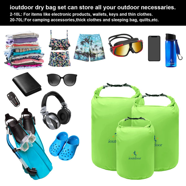 ioutdoor Dry Bag Set 2L + 5L + 10L + 20L+ 40L+ 70L Waterproof Small Lightweight Dry Bags for Paddle Board Kayaking Swimming Fishing Camping Hiking