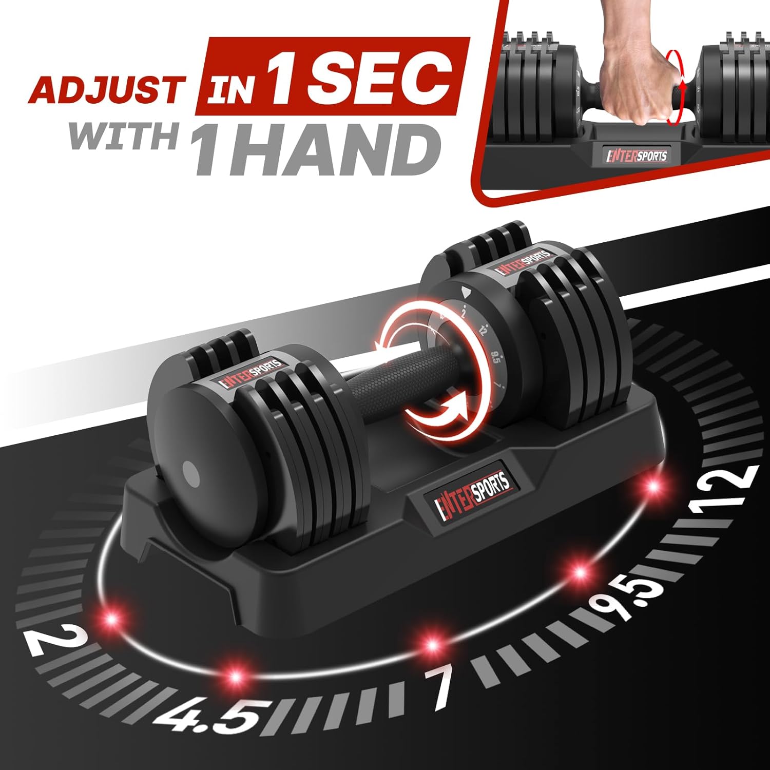 EnterSports 12kg/18KG/27KG Adjustable Dumbbells,Dumbbell Set for Saving Place, Dumbbell Weights with Non-Slip Handle, Home Gym Strength Training Equipment for Full Bodybuilding