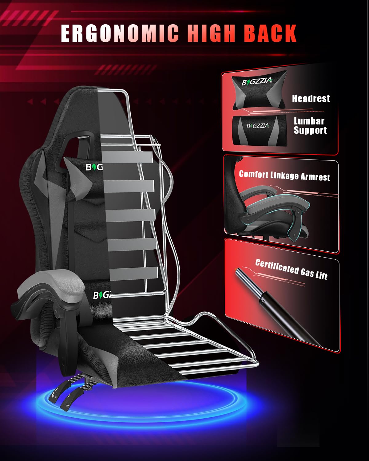 Racingreat Gaming Chair with Led Lights, Video Game Chair, Ergonomic RGB Gaming Chair for Adults, Height Adjustable Reclining Computer Chair with Headrest and Lumbar Support (With RGB, Black)