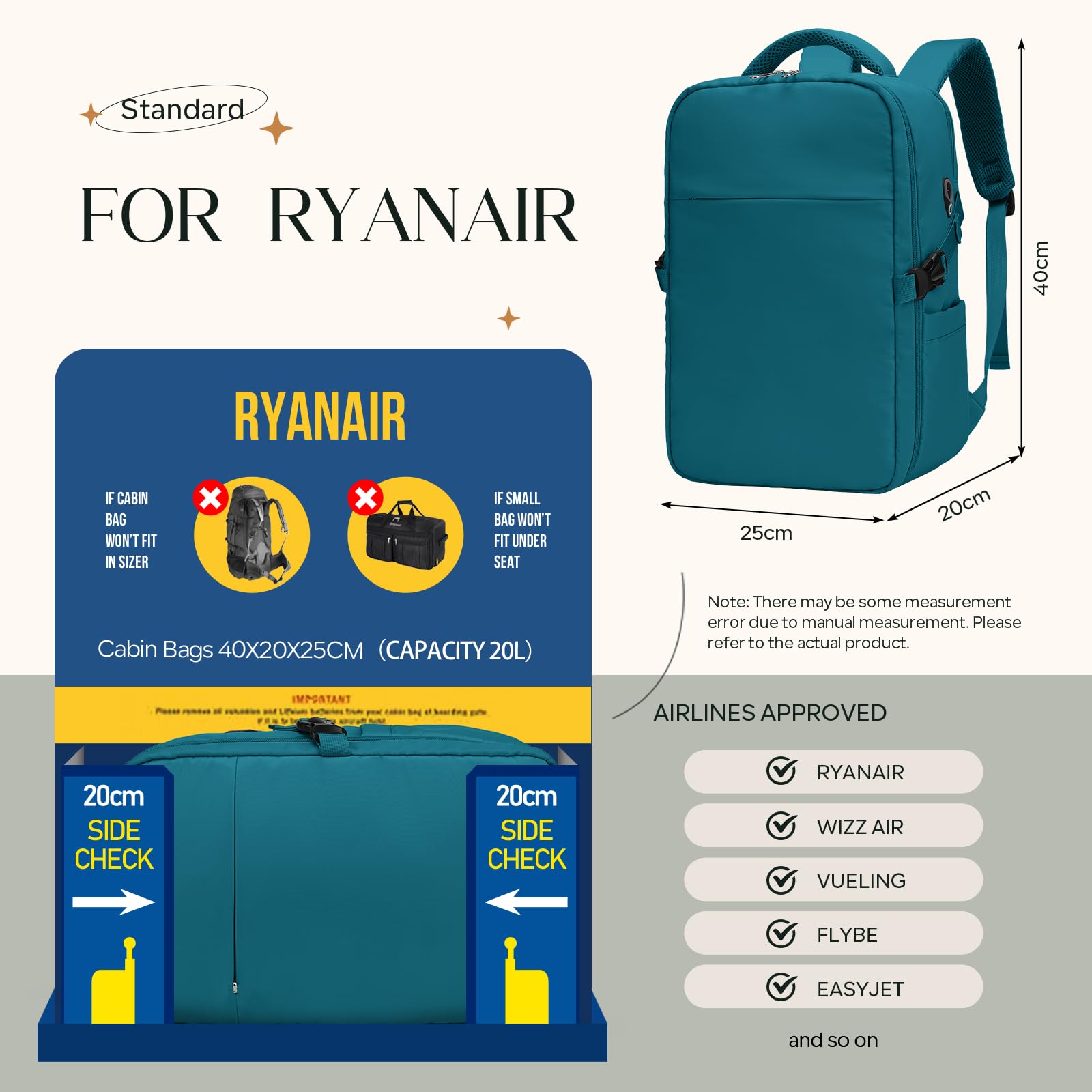 ZHXX for Ryanair Cabin Bags 40x20x25, Hand Luggage Bag, Carry-Ons, Underseat Cabin Bag, Fits 14-Inch Laptop with Anti-Theft Pocket