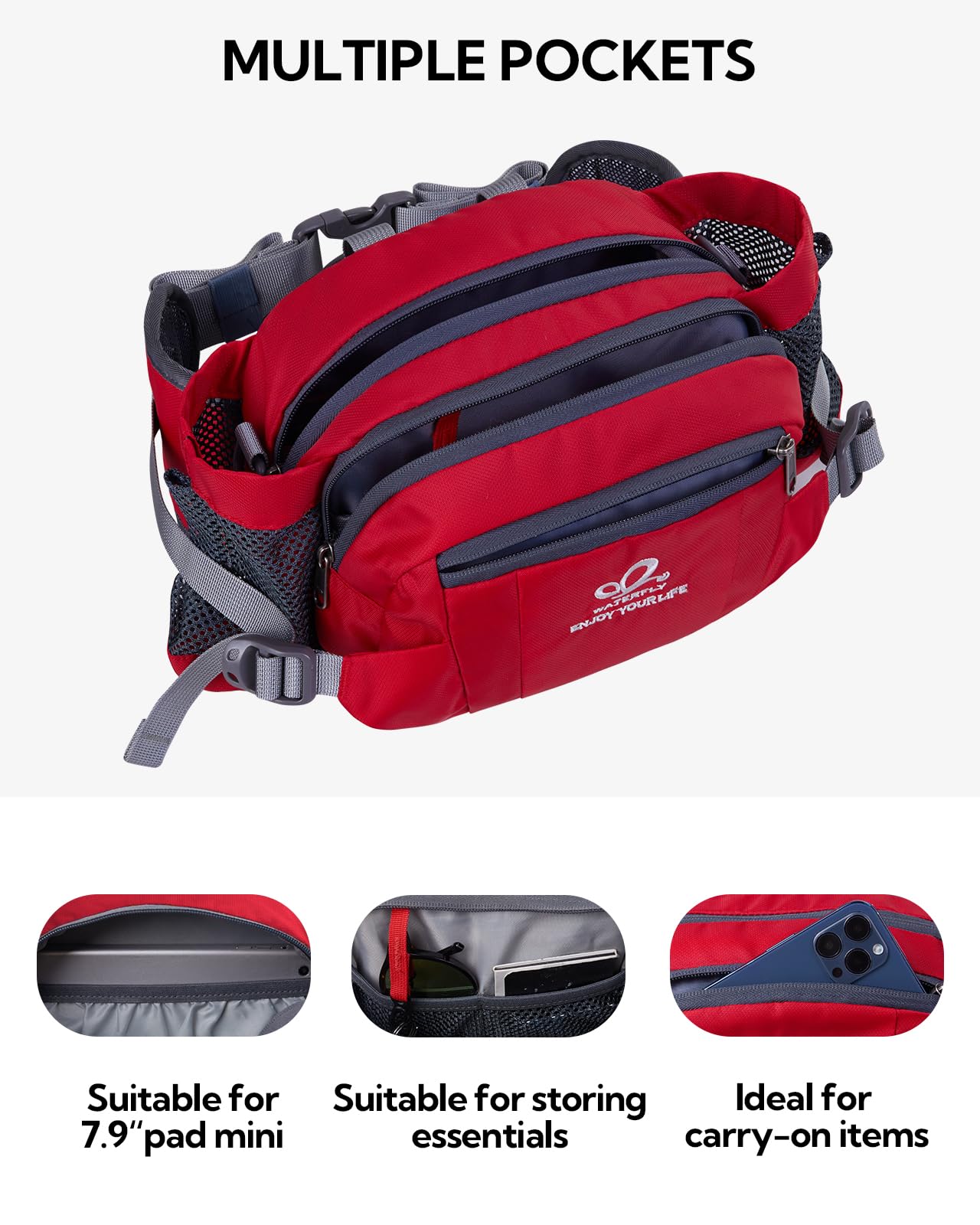 Waterfly Hiking Waist Pack Bum Bag Waist Bag with Bottle Holder Running Bag for Camping Climbing Travel Cycling and Dog Walking