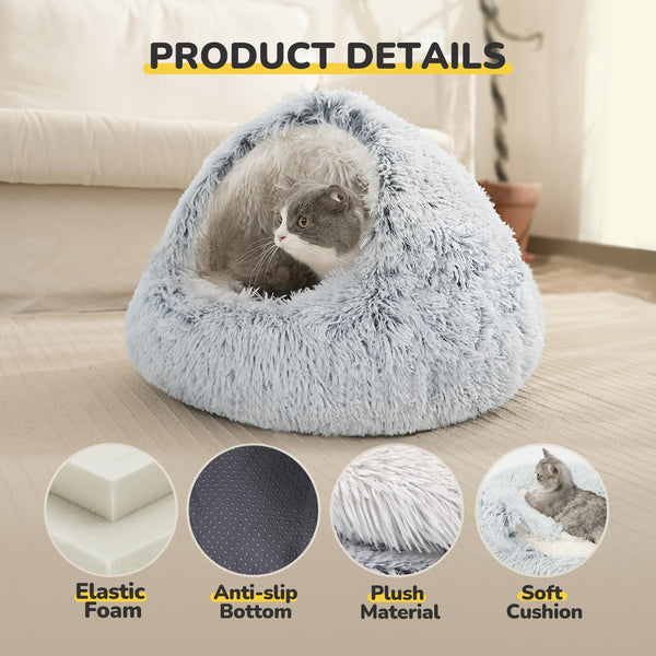 CATISM Cat Bed Cat Beds for Indoor Cats Large Cat Cave Dog Bed Washable Non-Slip Cat Igloo Pod Windproof Fluffy Cat Nesting Bed for Cat and Pets(Grey,