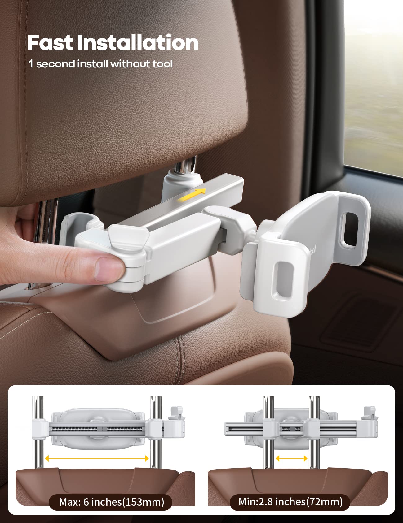 Lamicall Car Headrest Tablet Mount - [Aluminium Arm] 2025 Adjustable Car Tablet Holder, 360° Rotating Backseat Mount for Kids, for 2024 iPad Pro 13, Air 6, Mini, Tab, Phones, 4.7-13” Device - Black