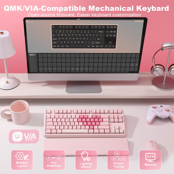 YUNZII B87 Wireless Mechanical Keyboard,QMK/VIA Software Custom Gaming,Gasket RGB Keyboard with Cute MOA Keycaps,Wrist Rest,BT5.0/2.4G/USB-C NKRO for Win/Mac (butter, milk v2 linear)