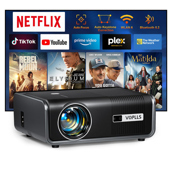 [Netflix Official & Auto Focus/Keystone] Smart Projector 4K Support, VOPLLS 25000L Native 1080P WiFi 6 Bluetooth Outdoor Projector, 50% Zoom Home Theater Movie Projectors for Bedroom/iOS/Android/PPT