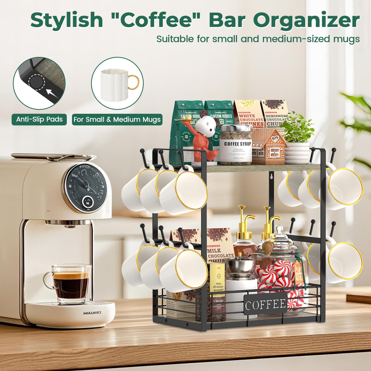 EsLuker.ly 2 Tier Coffee Bar Organizer Countertop Station Rack for Kitchen, Multi-functional Coffee Mug Holder Display Stand, Accessory Storage Shelf