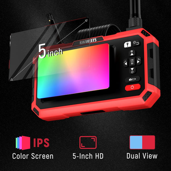 Endoscope Endoscope Camera Dual Lens, KAIWEETS 1920P 5" IPS Split-Screen Display Inspection Cameras with Light, 6.9mm IP67 Waterproof Borescope, 16.5FT Detachable Semi-Rigid Cable, Gadgets for Men