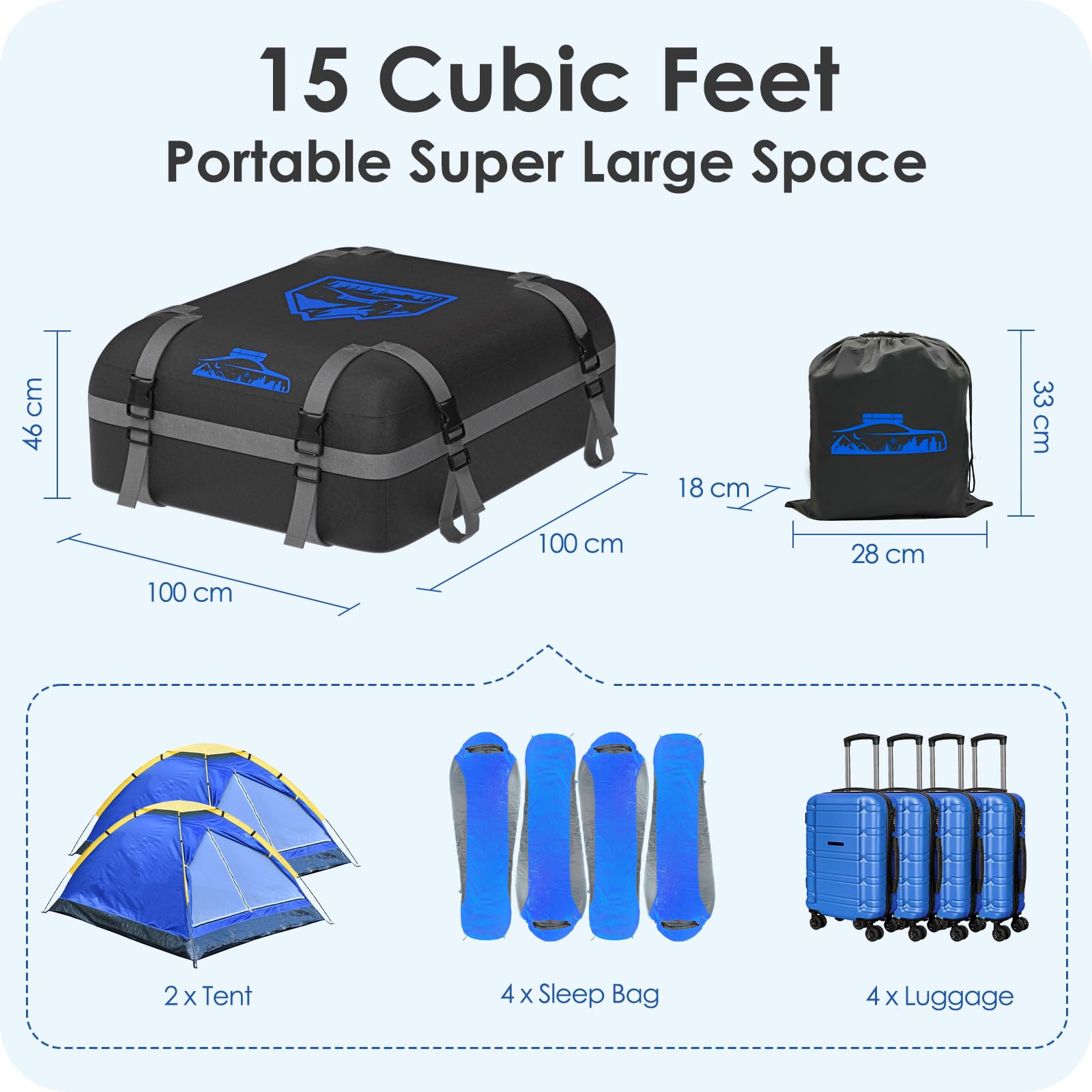 Rymopuey Roof Bag 15 Cubic/425 L, Waterproof Car Roof Bag No Rack Needed, Roof Box with Anti-Slip Mat and 6 Heavy-Duty Straps, Folding Soft Car Roof Box for Cars with/Without Rack (Blue 425 L)