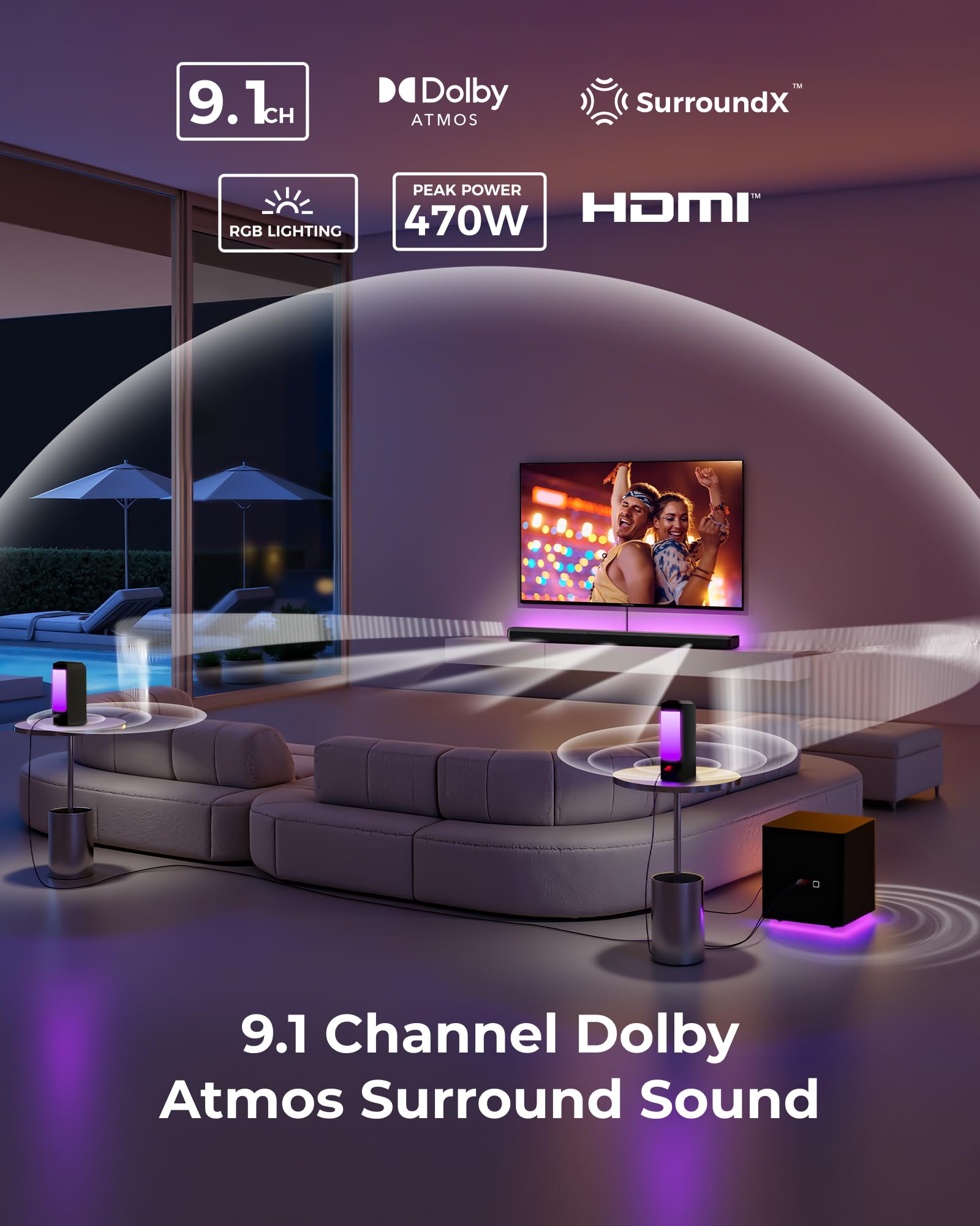 ULTIMEA 4.1ch Sound Bar for Smart TV with Subwoofer, App, Peak Power 200W, 2-in-1 Detachable Bluetooth 5.3 Soundbar, Bass Adjustable, 3 EQ Modes TV Sound Bar, ARC/Optical/Aux, Apollo S50 2025 Version