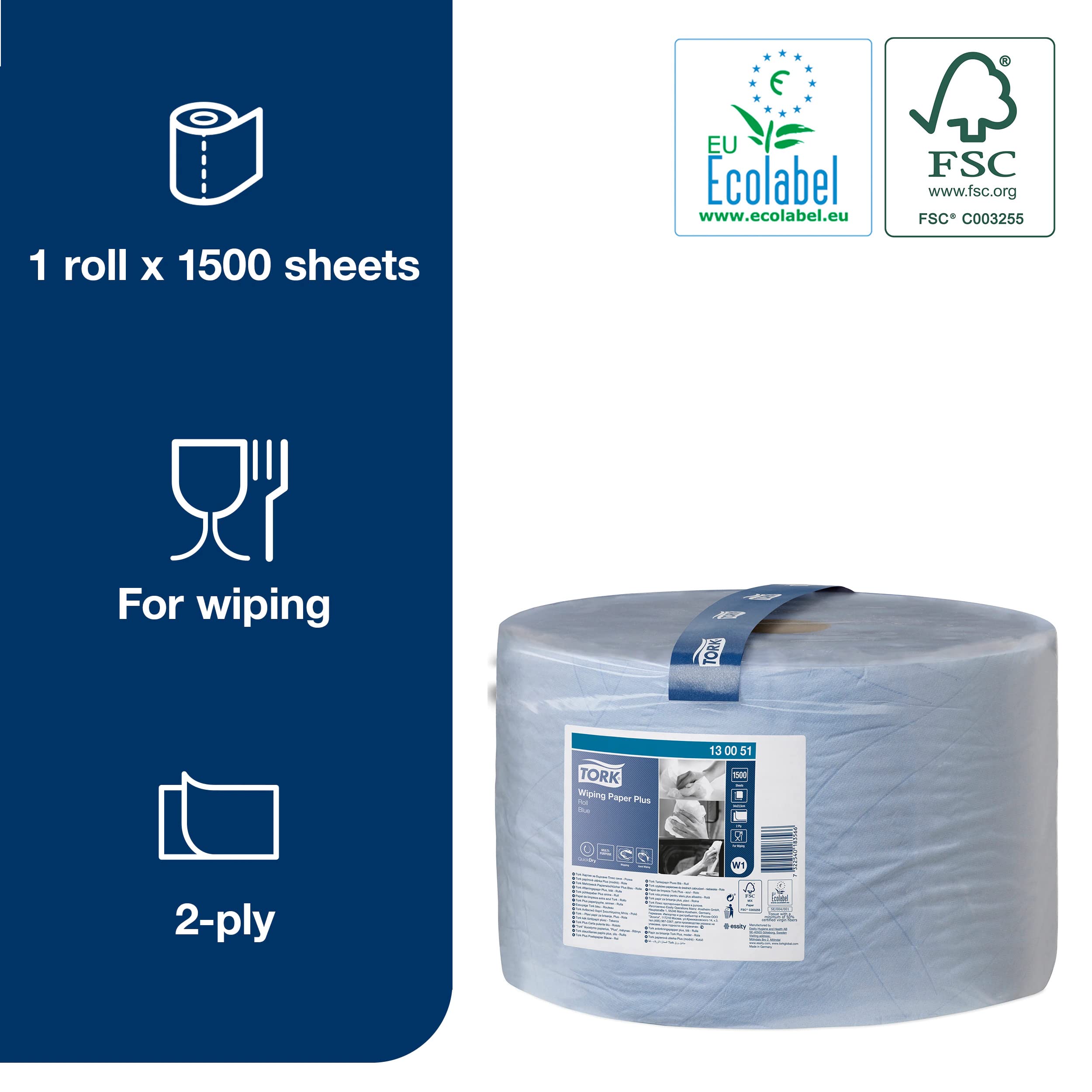Tork 130070 Heavy-Duty Wiping Paper / 2 Ply Absorbent Paper Roll Suitable for Tork W1 Wipers Wall/Floor/Standard System / Blue / 1 x 340m / Ø 37.5cm
