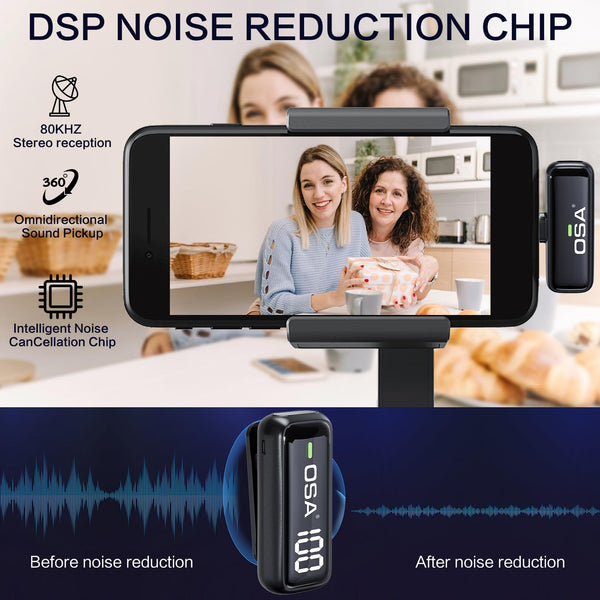 OSA Wireless Microphone for iPhone iPad with Smart Charge Case and Digital Display, 40H Clip on Wireless Lavalier Microphone with Noise Reduction for Video Recording, Plug & Play (2 Mic, 2 Recive)