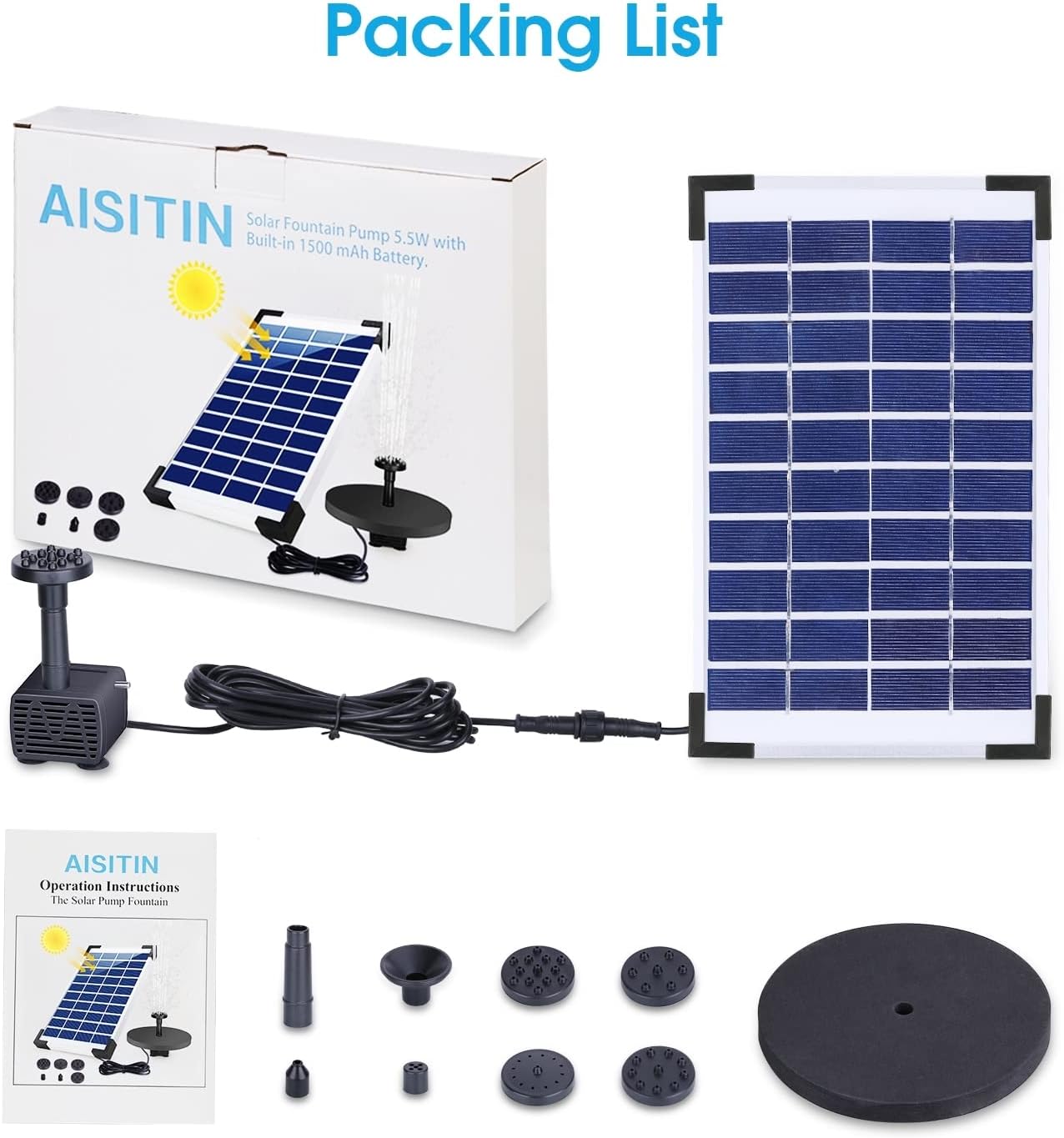 AISITIN 5.5W Solar Fountain Pump, Solar Water Pump Floating Fountain Built-in Battery, with 6 Nozzles, for Bird Bath, Fish Tank, Pond or Garden Decoration