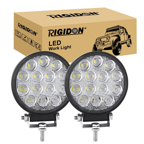 RIGIDON 2 Pcs Round Led Work Light, 4 inch 42W Flood Beam, 12V 24V Driving Lights Lamp for Car Off Road Boat Truck 4x4 SUV ATV Tractors Excavator, 6000K White, Fog Lamp