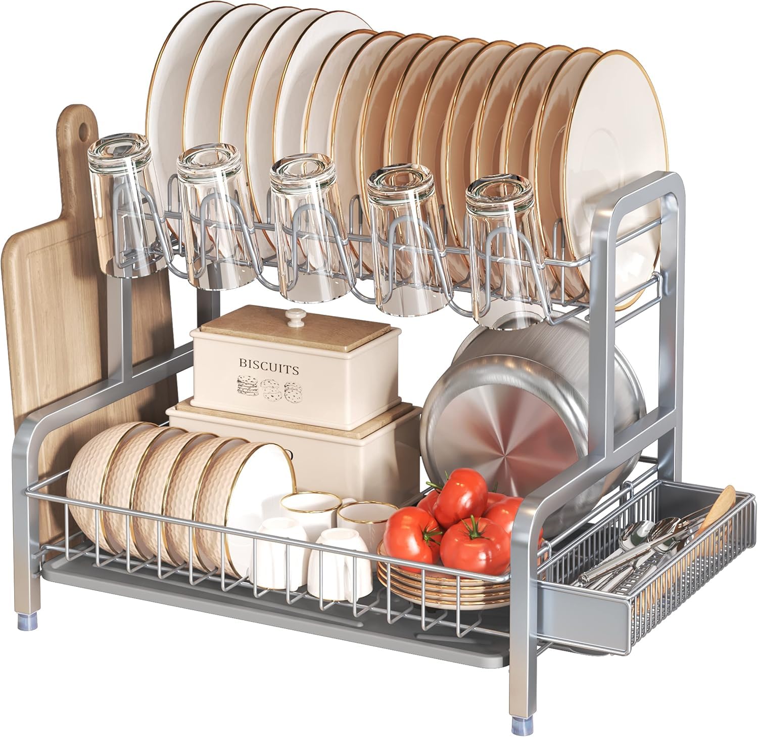 2 Tier Dish Drying Rack, Dish Drainer with Drip Tray, Stainless Steel Dish Rack with Utensil Holder, Cutting Board Holder and Cup Rack, Draining Rack