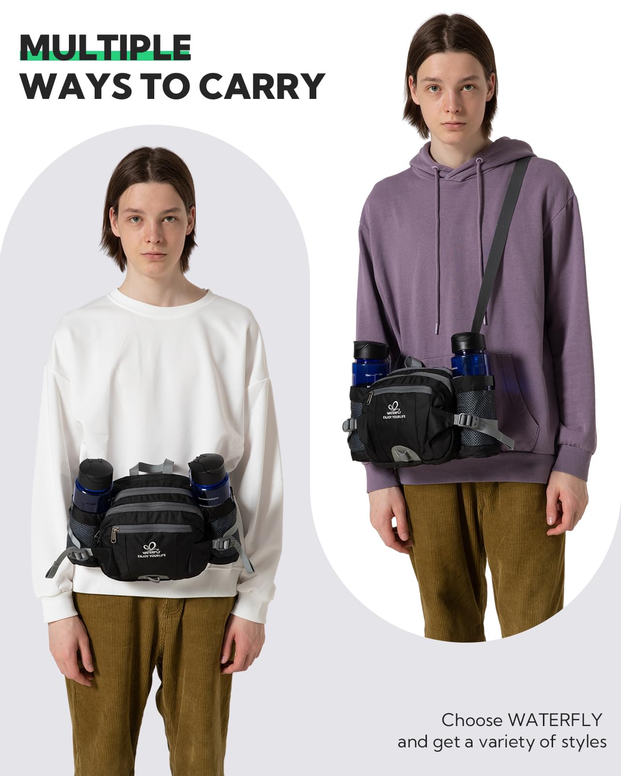 Waterfly Hiking Waist Pack Bum Bag Waist Bag with Bottle Holder Running Bag for Camping Climbing Travel Cycling and Dog Walking